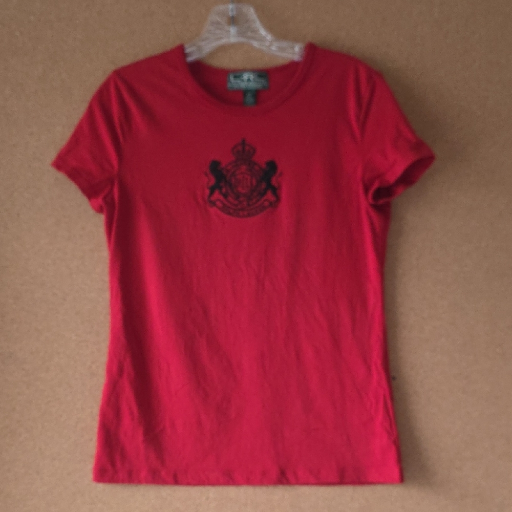 Ralph Lauren Y2K Red  Crest Cotton Tee Shirt S | Embroidered RL Lions Crown Logo